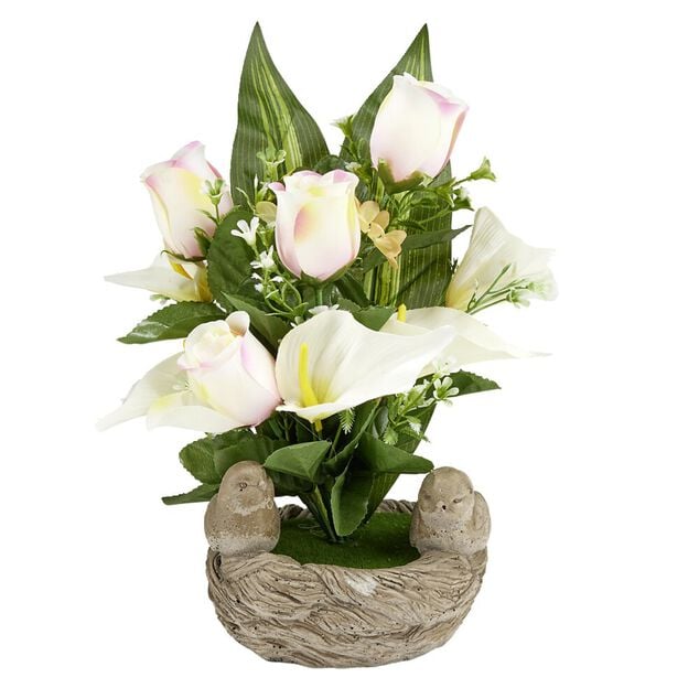 Pierre d&eacute;cor fun&eacute;raire avec fleurs arum/rose et oiseau H26cm