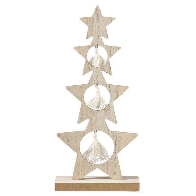 Sapin bois &agrave; poser &eacute;toiles avec suspensions pompons blancs H26cm