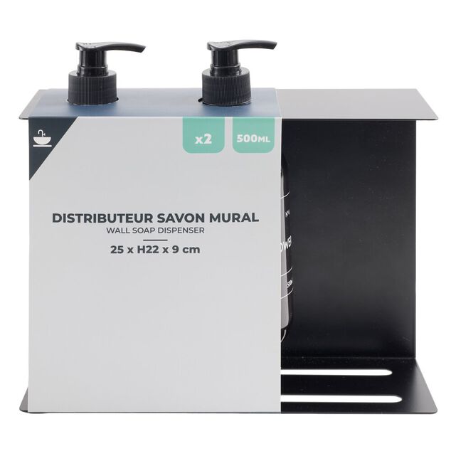 Distributeur de savon mural m&eacute;tal avec 2 flacons plastique 500ml noir 25x9xH22cm
