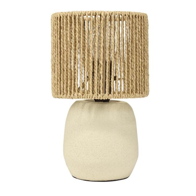 Lampe &agrave; poser ciment abat jour corde tress&eacute;e beige et marron &Oslash;14xH22cm