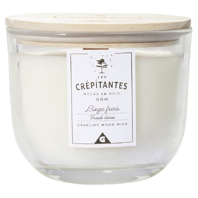 Bougie parfum&eacute;e blanche Les cr&eacute;pitantes senteur linge frais 50H
