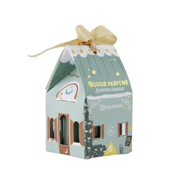 Bougie dans verre bo&icirc;te cadeau maisonnette H4,5cm (6 mod&egrave;les)