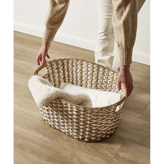 Pani&egrave;re &agrave; linge 41L 58xH28x43cm jonc de mer beige et blanc