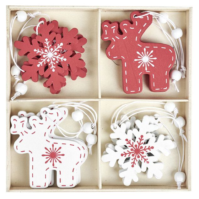 D&eacute;coration de No&euml;l &agrave; suspendre en bois rouge et blanc x12