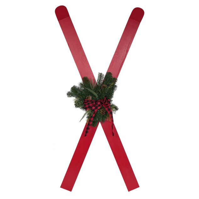 D&eacute;coration &agrave; poser ski bois rouge x2