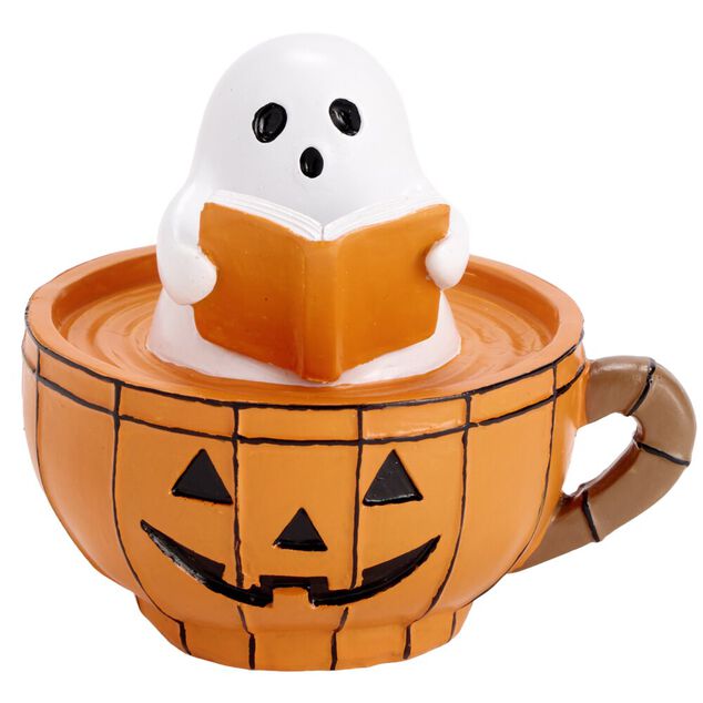 D&eacute;coration Halloween LED tasse fant&ocirc;me citrouille r&eacute;sine orange