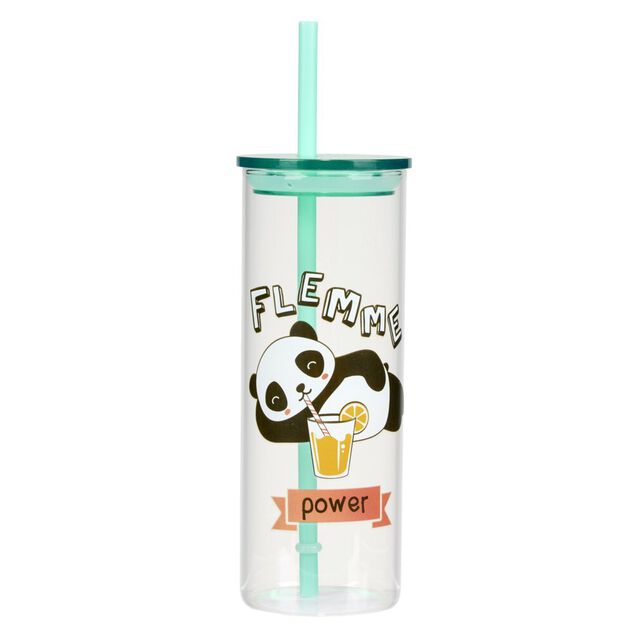 Verre kawaii 45cl en verre avec couvercle et paille plastique &Oslash;6xH18cm (3 mod&egrave;les)