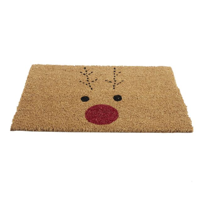 Tapis d'entr&eacute;e No&euml;l rectangulaire coco motifs renne nez rouge 40x60cm