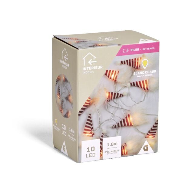 Guirlande lumineuse int&eacute;rieur gnome 10LED blanc chaud &agrave; piles 1,8m