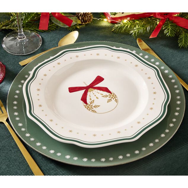 Assiette plate imprim&eacute; boule de No&euml;l contour vague bleu fa&iuml;ence &Oslash;27 cm