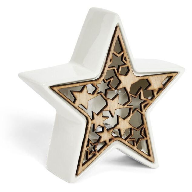 Lampe LED No&euml;l c&eacute;ramique et bois 17x5,5x17cm