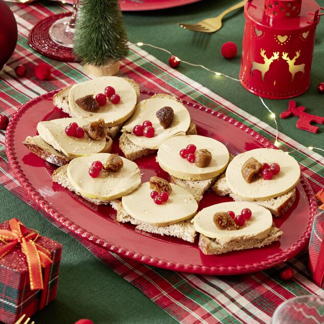 Plat de service No&euml;l ovale c&eacute;ramique rouge 25x35cm