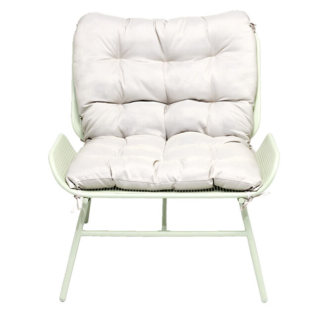 Fauteuil loveuse m&eacute;tal vert avec coussin beige 89xP79xH86cm