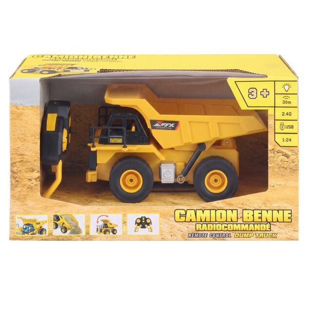 Camion benne et chantier t&eacute;l&eacute;command&eacute; 1/24 jaune 20x11xH11cm
