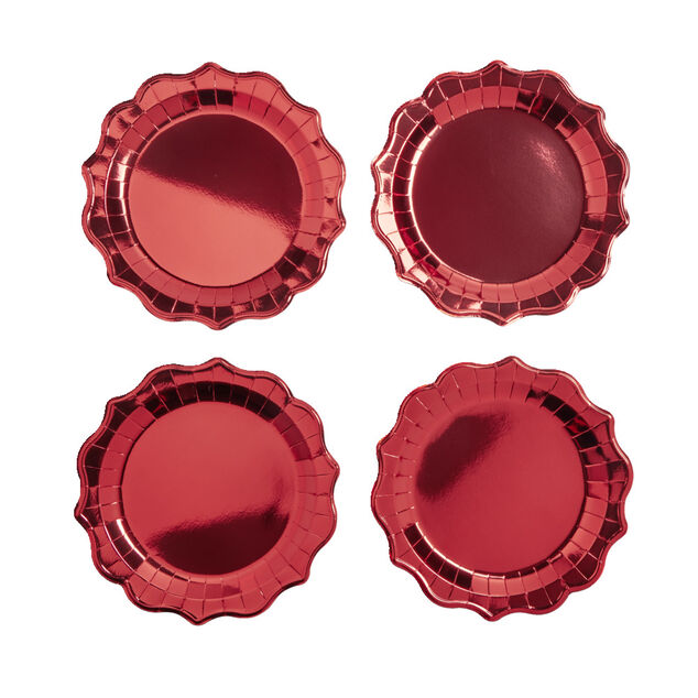 Plateau de pr&eacute;sentation rond x4 en carton m&eacute;tallis&eacute; rouge &Oslash;26cm