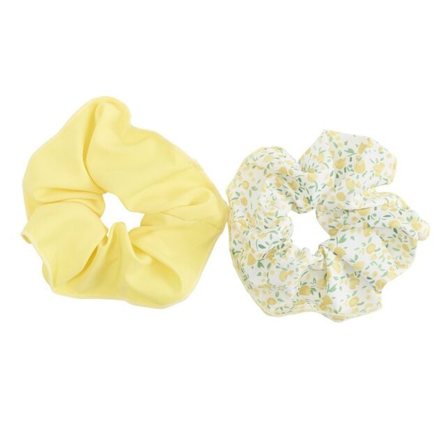 Chouchou cheveux x2 tissu imprim&eacute; citron et uni jaune &Oslash;13cm