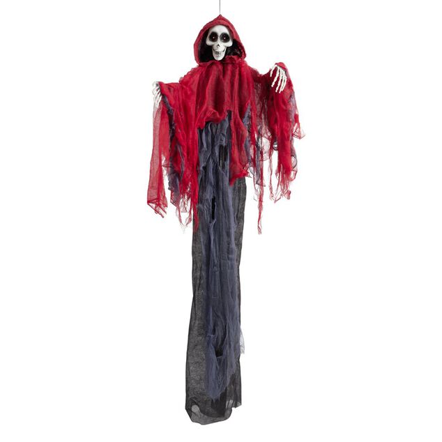 Fant&ocirc;me Halloween &agrave; suspendre son et lumi&egrave;re tissu rouge et noir 98x12xH165cm