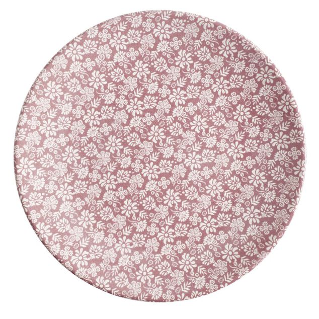 Assiette &agrave; dessert x4 ronde Indie fa&iuml;ence terracotta motif floral blanc &Oslash;20cm