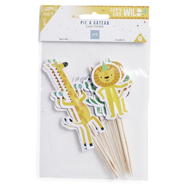 D&eacute;coration g&acirc;teau anniversaire pique th&egrave;me animaux sauvages 12 pi&egrave;ces