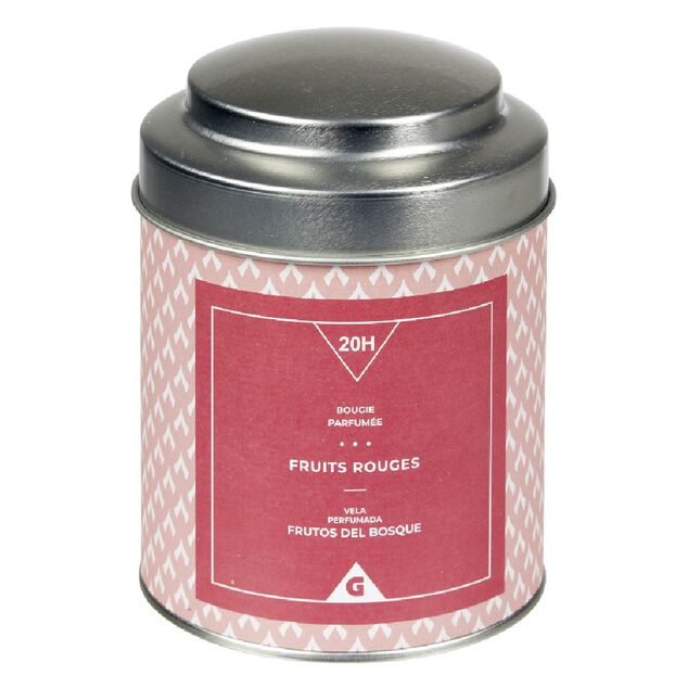Bougie parfum&eacute;e dans pot en m&eacute;tal senteur fruits rouges 20H