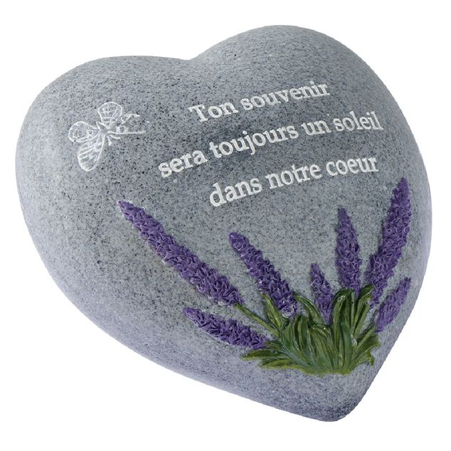 Pierre en r&eacute;sine grise en forme de coeur avec message