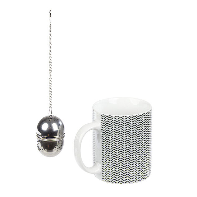 Mug porcelaine avec boule à thé inox noir blanc 35 cl