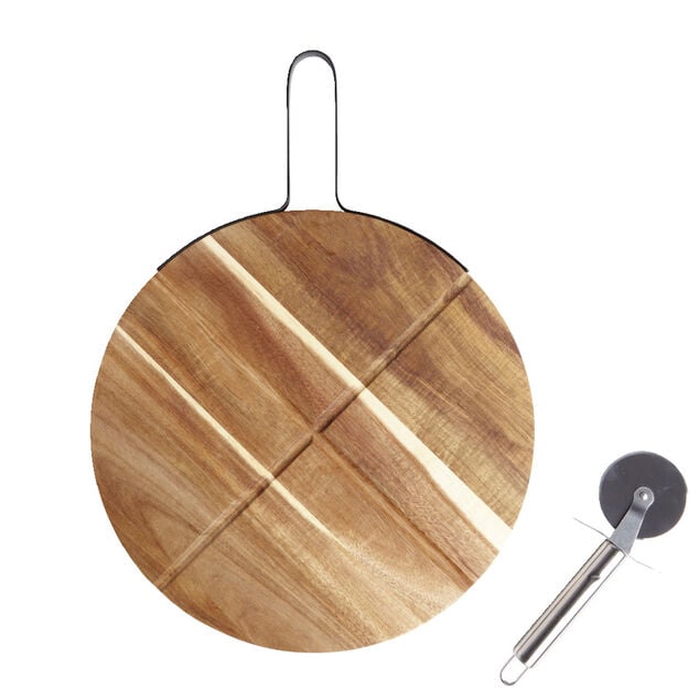 Plateau &agrave; pizza en bois avec roulette en acier