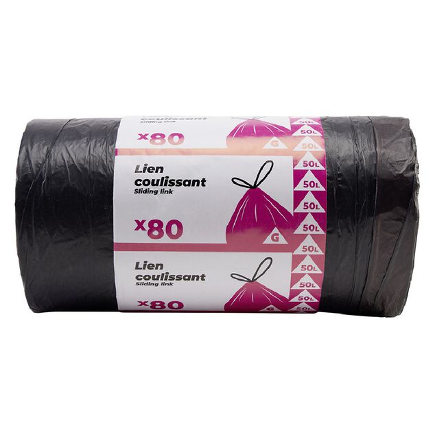 Sac poubelle noir lien coulissant 50L x80