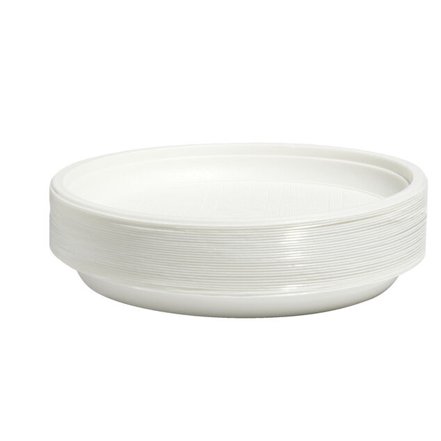 Lot de 50 assiettes plates r&eacute;utilisables plastique blanc