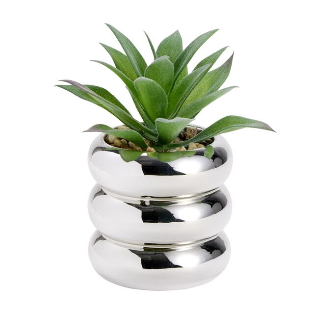 Plante grasse artificielle dans pot dolomite gris chrom&eacute; &Oslash;8xH13,5cm (3 mod&egrave;les)