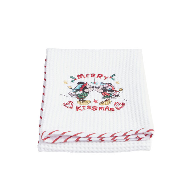 Torchon No&euml;l Disney Mickey Minnie nid d'abeille 50x70cm