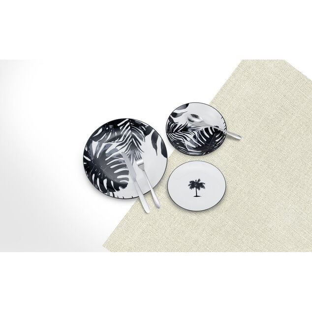 Service &agrave; vaisselle 12 pi&egrave;ces porcelaine motif feuillage tropical noir et blanc