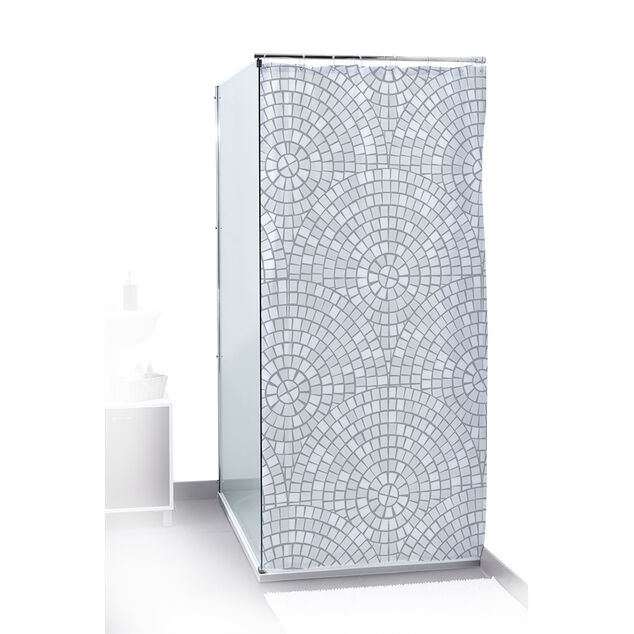 Rideau de douche motif mosa&iuml;que rosace blanc et gris 180x200cm