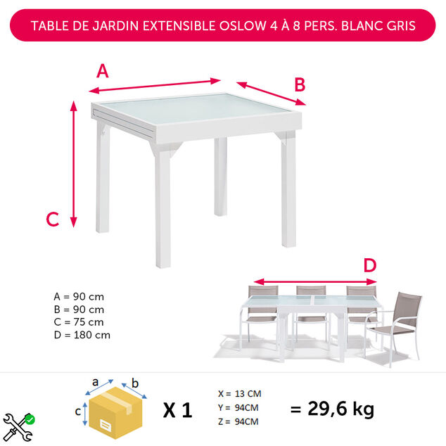 Table de jardin extensible Oslow 4 &agrave; 8 personnes blanc gris