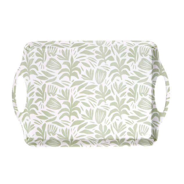 Plateau rectangulaire blanc motif feuillage vert sauge 34x50,5cm