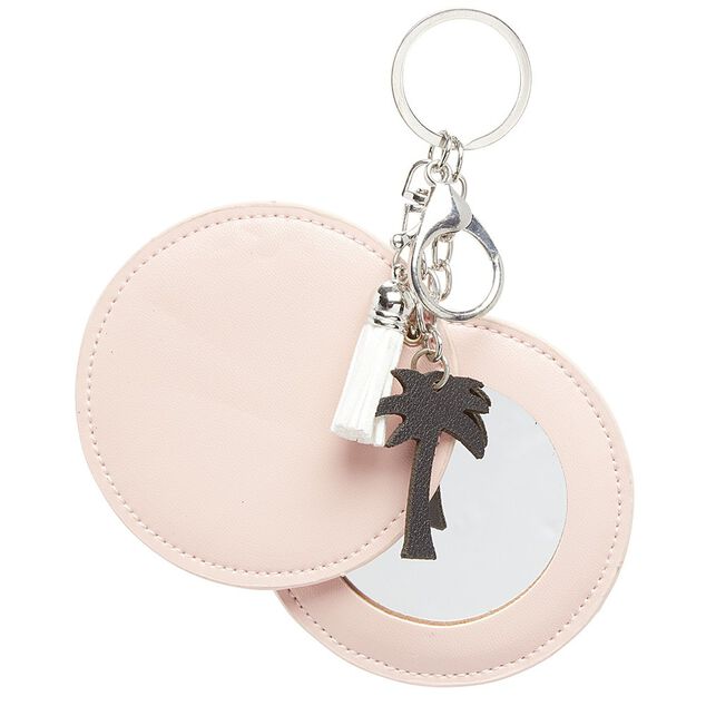 Porte-cl&eacute; miroir d&eacute;cor palmier avec pompon rose ou beige