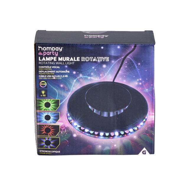 Lampe murale rotative RGB &agrave; contr&ocirc;le vocal et stroboscopique &Oslash;12,8xH2,5cm