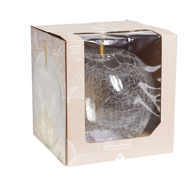 D&eacute;coration LED en verre pomme effet craquel&eacute; transparent &Oslash;7xH8cm
