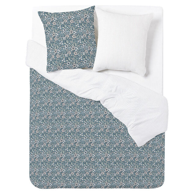 Parure de lit 2 personnes 240x220cm r&eacute;versible motif floral vert et blanc