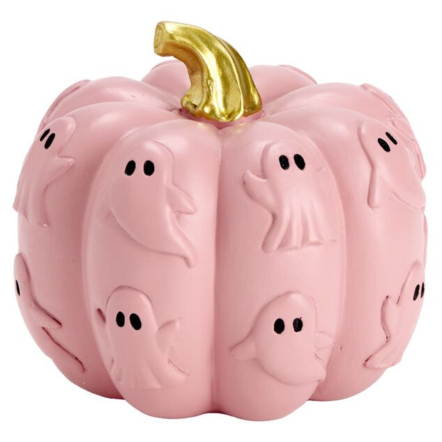 D&eacute;coration Halloween citrouille fant&ocirc;mes relief r&eacute;sine rose &Oslash;16xH13,5cm