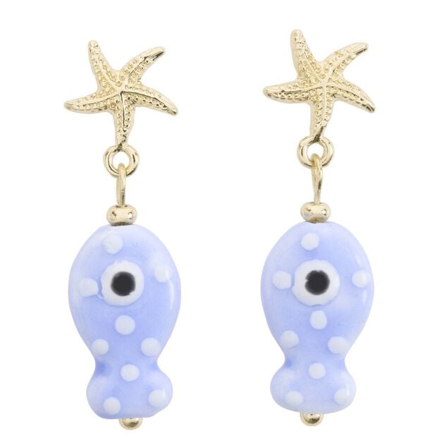 Boucles d'oreilles c&eacute;ramique &eacute;toile de mer et poisson zinc dor&eacute; L2cm