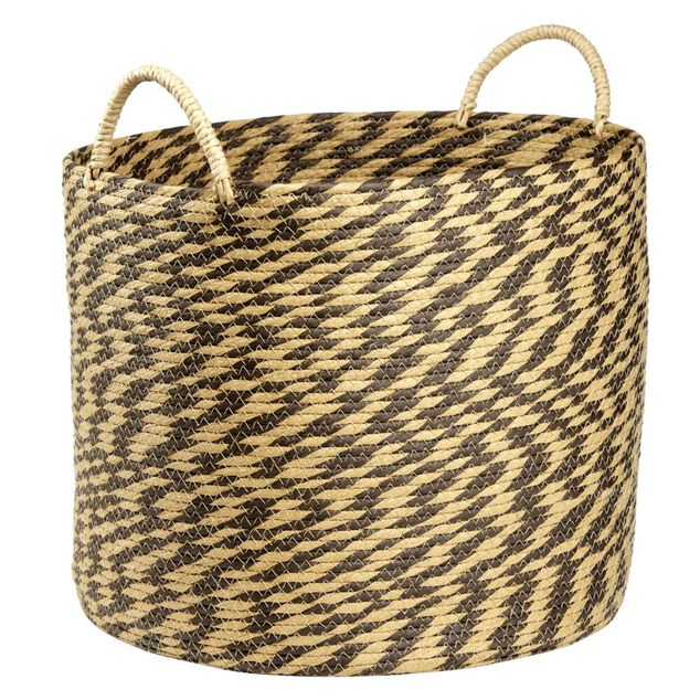 Pani&egrave;re ronde roseau et papier naturel noir &Oslash;42xH35cm
