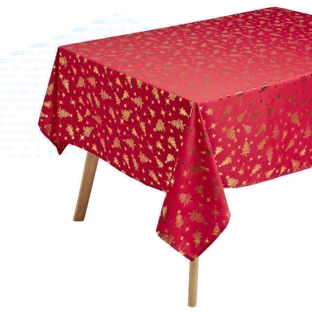 Nappe en tissu rouge motif sapin dor&eacute; 140x300cm