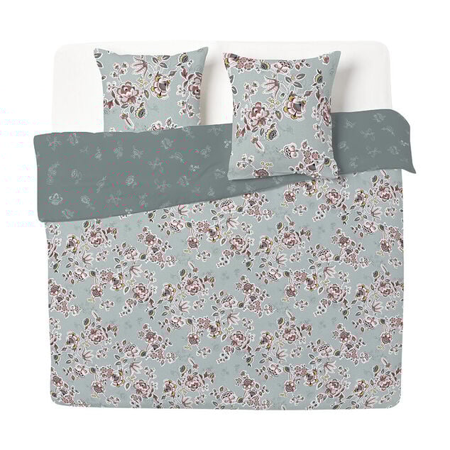 Parure de lit 2 personnes 240x260cm motif floral vert et rose
