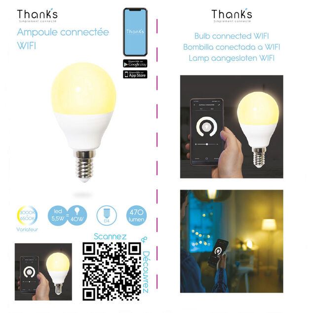 Ampoule LED connectée blanc ajustable E14 40 W