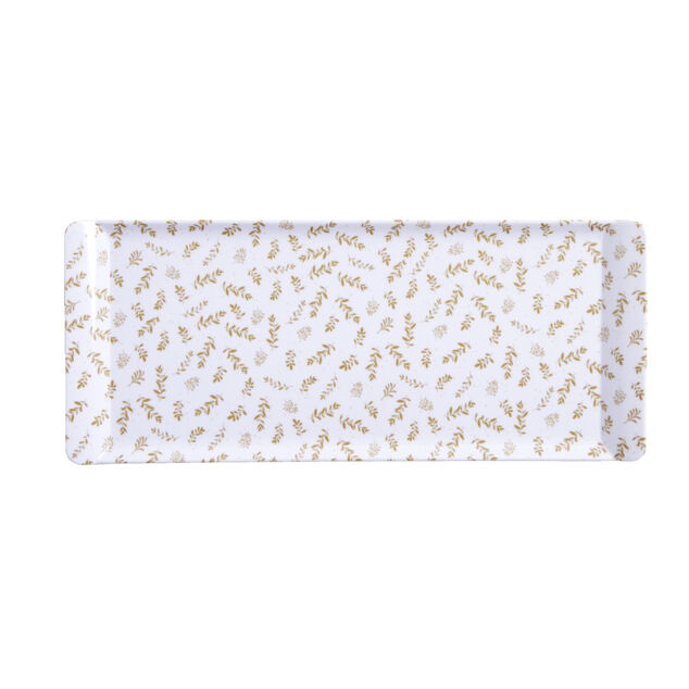 Plateau de service rectangulaire mélaminé blanc motif feuillage doré 18x37,5cm