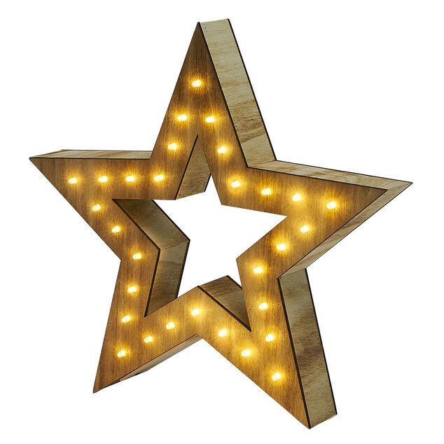 Étoile lumineuse en bois 30LED blanc chaud H30 cm