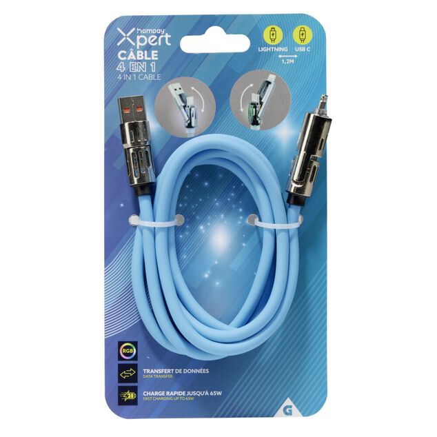 Câble lumineux lightning USB USBC 4en1 RGB 1,2m (4 modèles)