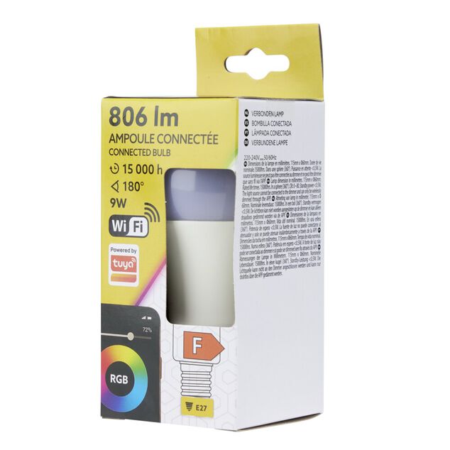 Ampoule LED connect&eacute;e couleurs changeantes RGB 180&deg; E27 806lms 9W