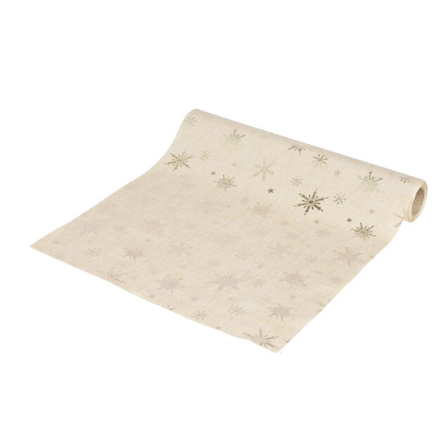 Chemin de table blanc motifs &eacute;toiles et flocons dor&eacute;s 3m